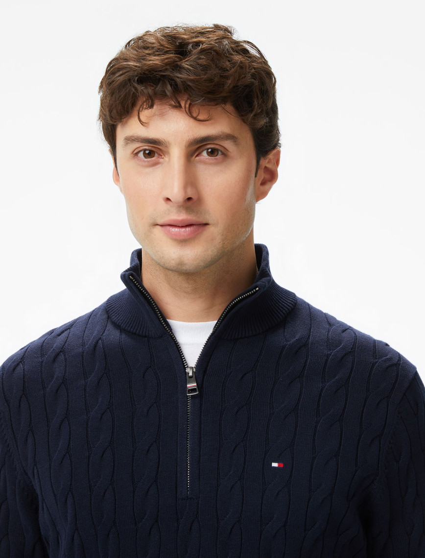Tommy Hilfiger Classic Cotton Cable Zip Mock Erkek Mavi Yarım Fermuarlı Triko Tommy Hilfiger Classic Cotton Cable Zip Mock Erkek Mavi Yarım Fermuarlı Triko