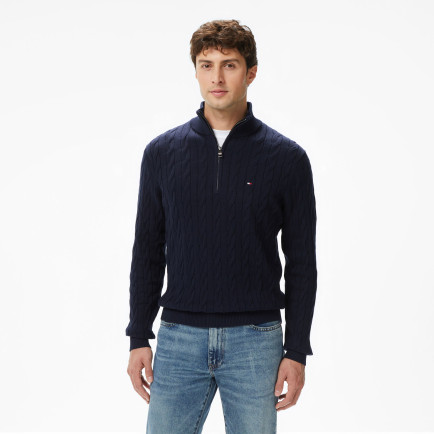 Tommy Hilfiger Classic Cotton Cable Zip Mock Erkek Mavi Yarım Fermuarlı Triko Tommy Hilfiger Classic Cotton Cable Zip Mock Erkek Mavi Yarım Fermuarlı Triko