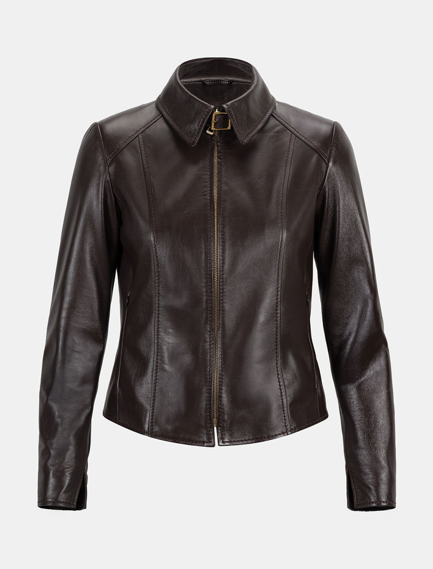 Kadın Bordo Gömlek Yakalı Fit Deri Ceket Kadın Bordo Gömlek Yakalı Fit Deri Ceket