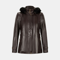 Kadın Bordo Kapüşonlu Deri Mont