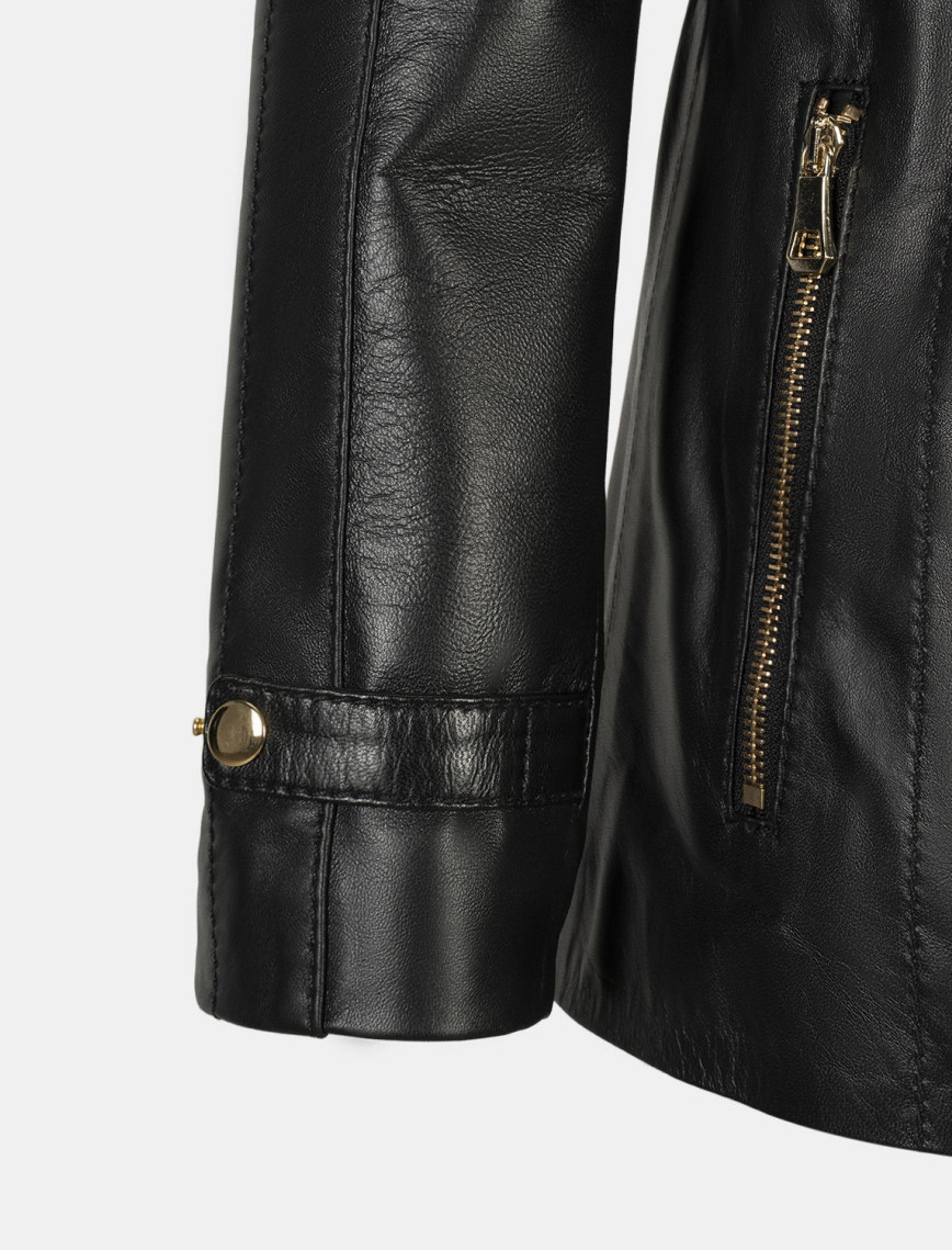 Kadın Siyah Kapüşonlu Deri Mont