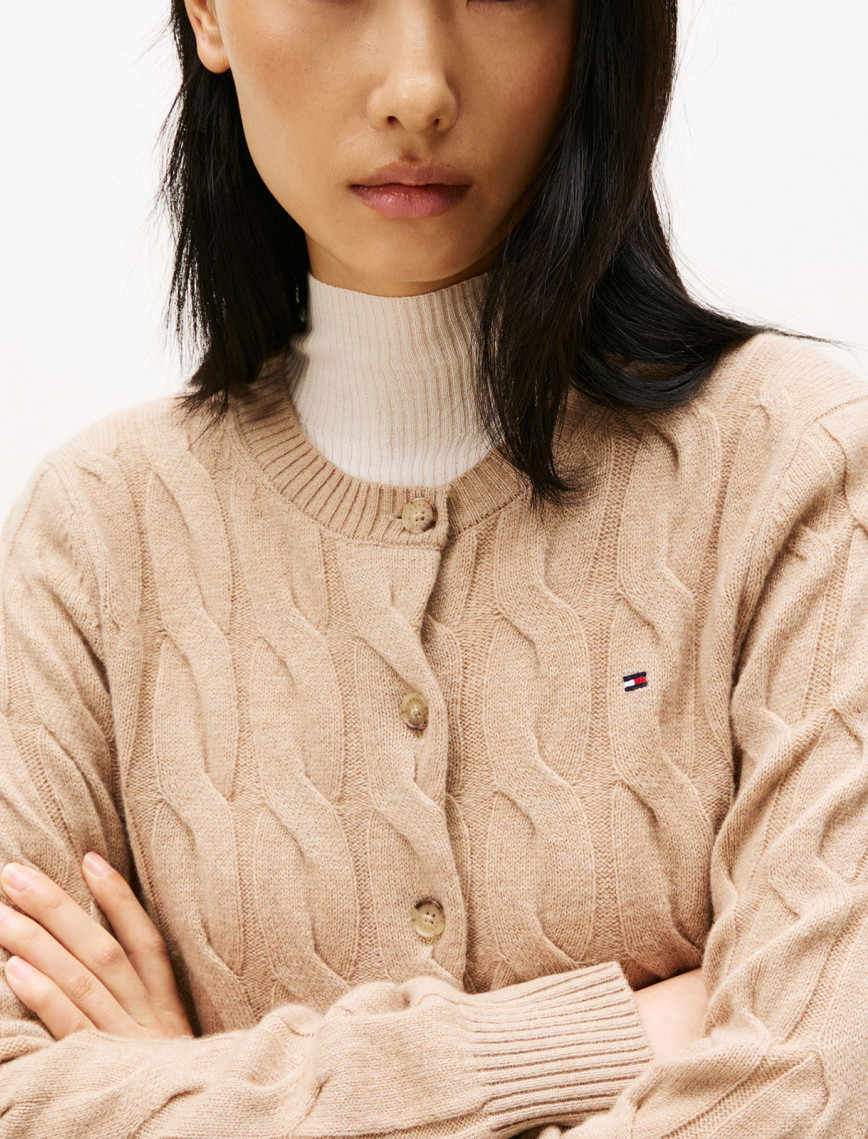 Tommy Hilfiger Soft Wool Cable Cardigan Kadın Bej Hırka Tommy Hilfiger Soft Wool Cable Cardigan Kadın Bej Hırka