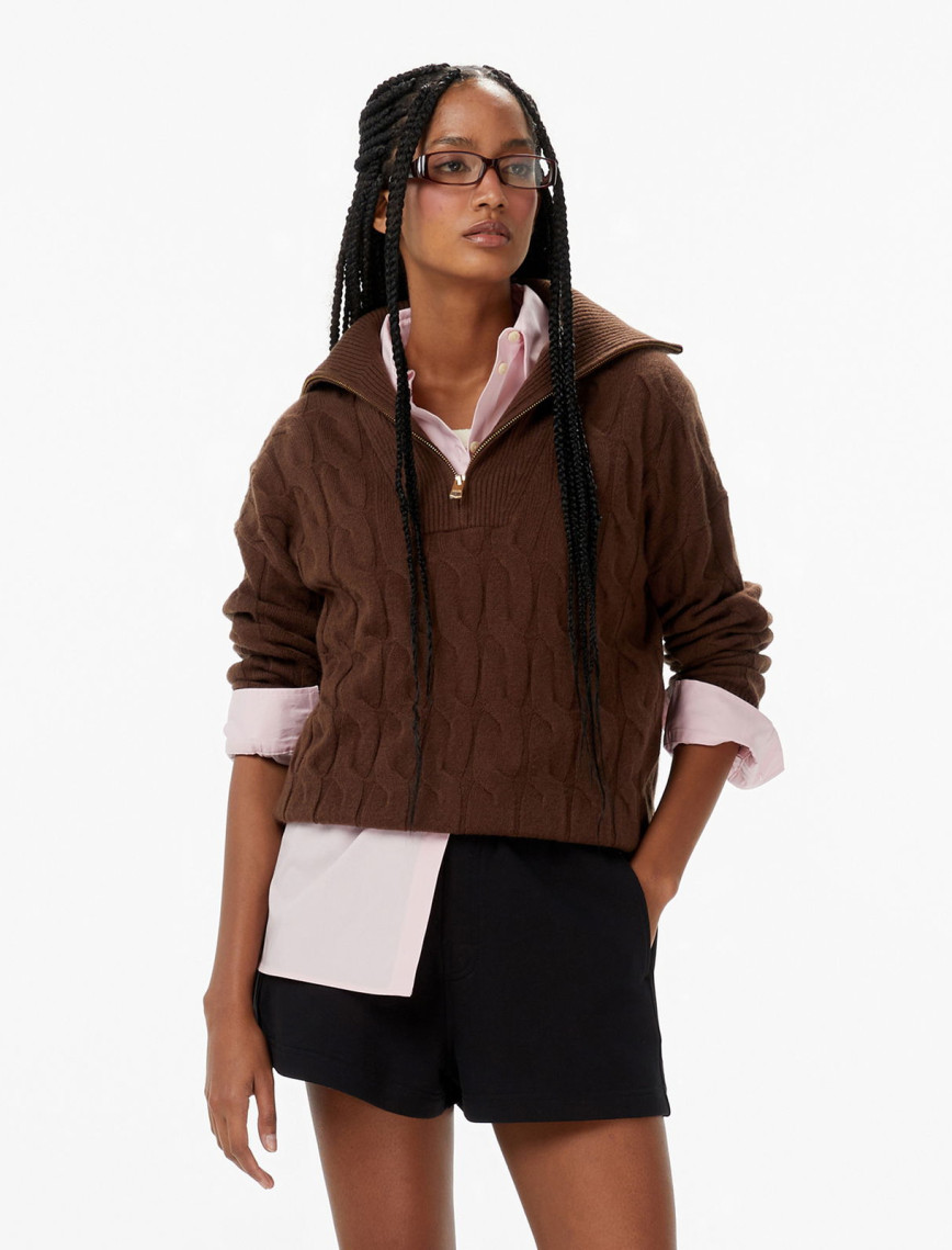 Tommy Hilfiger Soft Wool Cable 1/2 Kadın Kahverengi Hırka Tommy Hilfiger Soft Wool Cable 1/2 Kadın Kahverengi Hırka