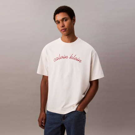 Calvin Klein Center Chain Stitch Erkek Beyaz T-Shirt